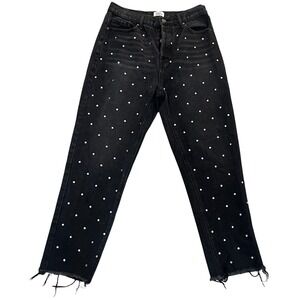 Simple Society Black Rhinestone Studded Jeans | High Rise Straight Raw Hem Sz 9